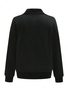SHEIN LUNE Bộ 2 chiếc/bộ áo nỉ dệt kim họa tiết màu trơn có khóa kéo nửa khóa kéo cho nữ và quần dài thường ngày thông thường để mặc hàng ngày, ấm áp và dày cho mùa thu/đông - màu đen - Xem 12