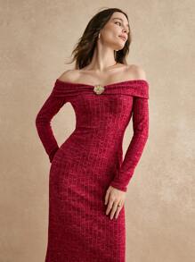 Poéselle Bourgondische lange jurk met één schouder en driedimensionale rozendecoratie, geschikt voor elegante feesten, 24AW winter