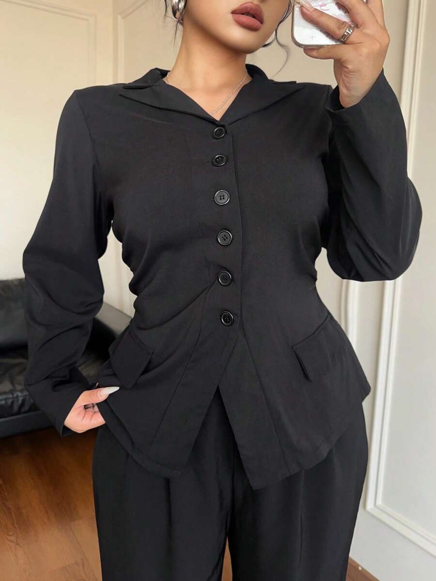 Flirla Plus Size Women Black Simple Collegiate Style Fitted Elastic Long Sleeve Blouse Women Shirt - Black - View 1