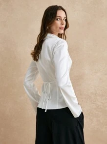 Poéselle 白色缎面长袖衬衫，优雅工作衬衫，女士纽扣衬衫