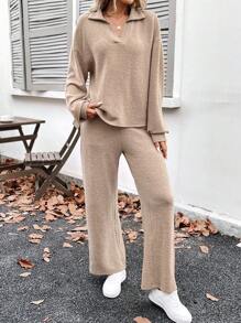 SHEIN LUNE 2 件套女士冬季新款杏色基本款保暖家居服套装，马球领长裤棕色休闲套装冬季套装女士服装冬季 - 杏色 - 查看 5