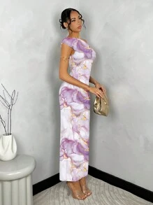 SHEIN BAE Váy ôm vừa vặn không đối xứng xếp nếp vai chéo họa tiết đá cẩm thạch giản dị dành cho nữ, mùa xuân và mùa thu - Màu tím hoa cà - Xem 3