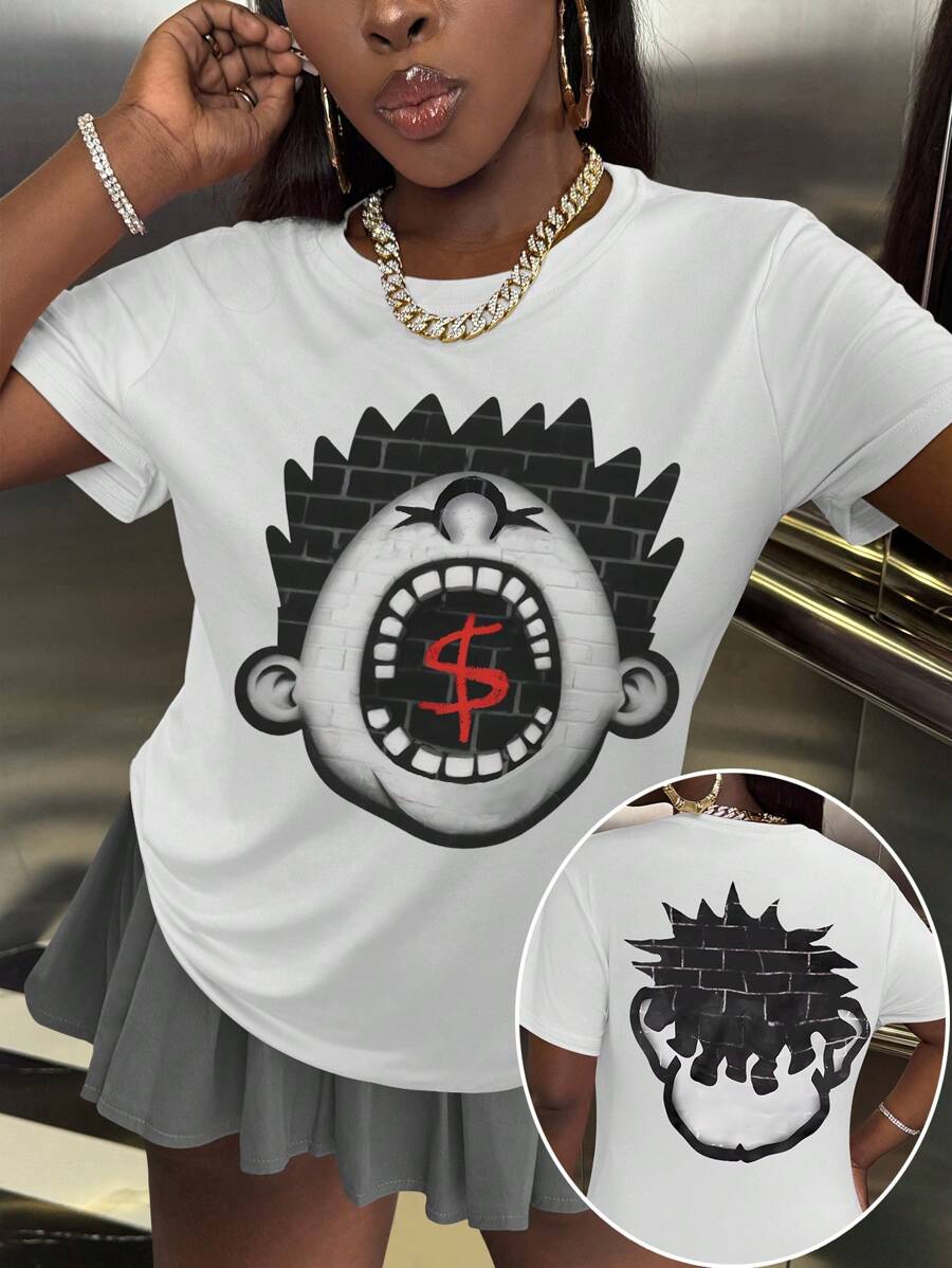 SHEIN Women's Cartoon Character Printed Short Sleeve Loose Fit T-Shirt,Graphic Tee Graphic Tees Women Tops - White - View 1