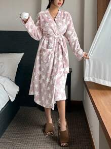 DAZY Thickened Allover Star Pattern Flannel Belted Bathrobe For Winter Fluffy , Thermal Lined, For Fall Winter, Cozy - Pink - View 7