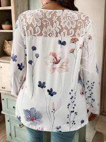 SHEIN LUNE Women Casual Floral Print Contrast Lace Loose Blouse