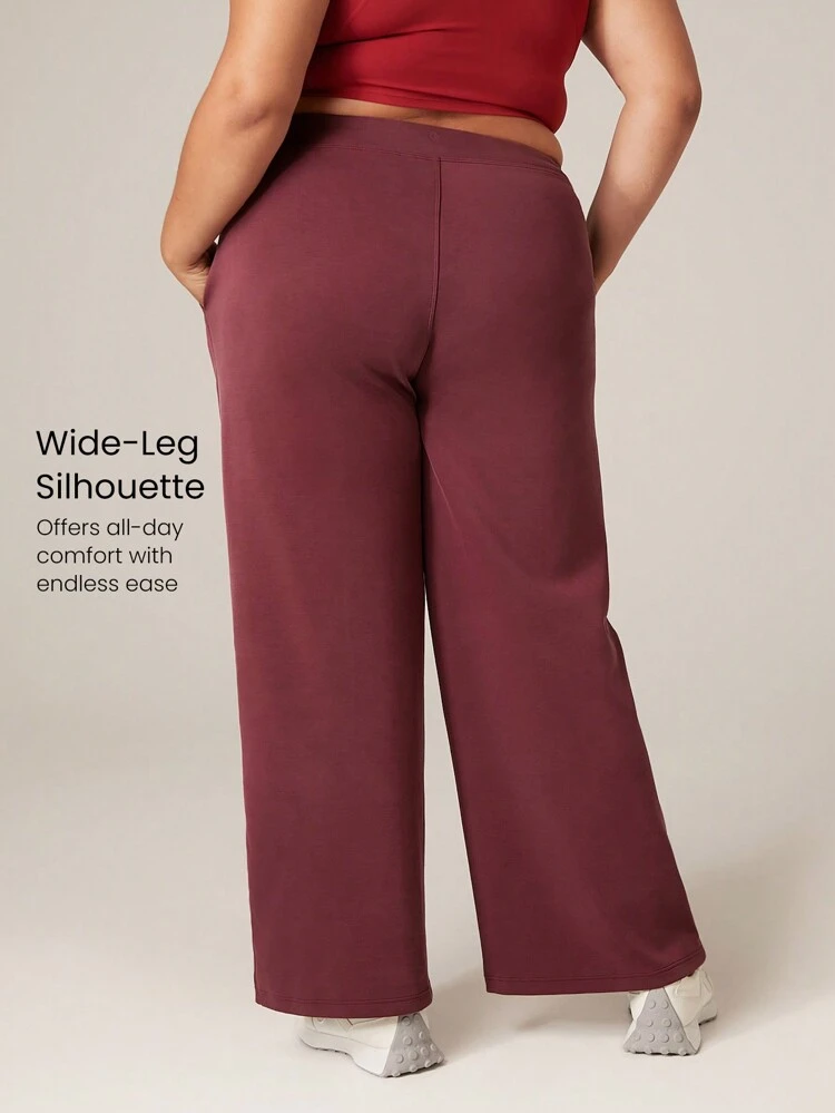 モーダル素材 プラスサイズ ワイドレッグ 調整可能な紐ウエスト パンツ サイドポケット付き デイリーカジュアル