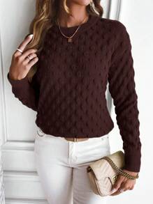 Chiquease Suéter de cuello redondo de unicolor y textura minimalista casual, jersey de punto de otoño/invierno - Café integral - Ver 6