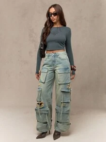 MISSGUIDED Cross Printed Long Sleeve Crop T-Shirt - Light Grey - View 4