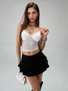 Chiquease Women Contrast Lace Crop Top With Padded Bra, Wireless Design - White - View 4