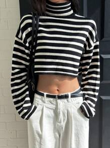 DAZY Autumn New Casual Striped Cropped Sweater For Women Turtleneck Women - Black - View 7