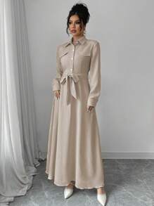 Elenzga 女士纯色衬衫领前扣 A 字长袖休闲连衣裙