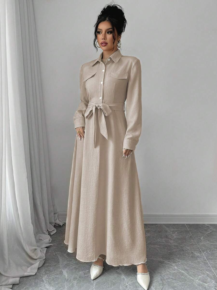 Elenzga 女士纯色衬衫领前扣 A 字长袖休闲连衣裙