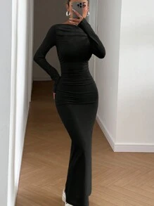 SHEIN EZwear Váy đuôi cá xếp ly màu trơn thanh lịch ôm vừa vặn cho nữ - màu đen - Xem 4