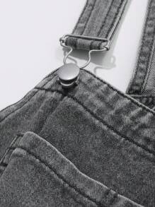 DAZY 女式宽松休闲可调节肩带牛仔工装裤，带口袋 - 灰色 - 查看 9