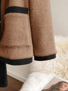 CosyJoli Plus Size Women Apricot Color Block Faux Shearling Jacket, New Autumn/Winter - Khaki - View 5