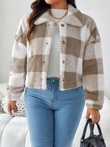 SHEIN LUNE Plus Size Plaid Fleece Jacket Winter Women Clothes Holiday Fall Autumn - Mocha Brown - View 5
