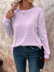 SHEIN LUNE Women's Solid Color Stand Collar Ribbed Casual Basic Tee Shirts - Purple - View 8