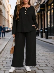 EMERY ROSE Plus Size Winterkleding Voor Vrouwen Vakantie-outfits Vrouw 2-delige Set Effen Kleur Lange Mouw Top En Lange Broek Casual Outfit