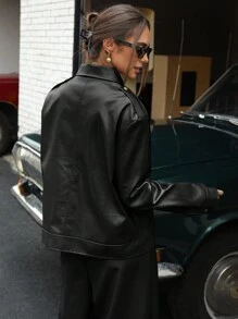 Aveloria Affinna Chaqueta holgada de mujer de piel sintética (PU) de color rojo oscuro con diseño de hombreras y bolsillo grande de estilo versátil y casual