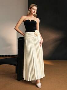 MOTF PREMIUM TWO TONE VELVET BODICE STEREO FLOWER PLEATED HEM TUBE LONG DRESS - Multicolor - View 5