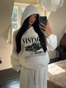 SHEIN EZwear Sudadera con capucha holgada de manga larga con estampado vintage de coche minimalista casual para mujer, otoño/invierno