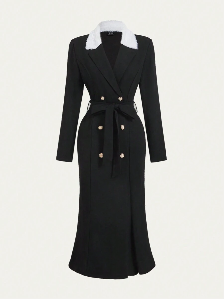 SHEIN MOD 毛绒白领长袖收腰鱼尾长外套、风衣女外套、冬季女夹克、长款女外套、黑色外套、公主女装 - 黑與白 - 查看 1