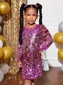 SHEIN Young Girl Christmas Party Sequin Embroidered Long Sleeve Dress