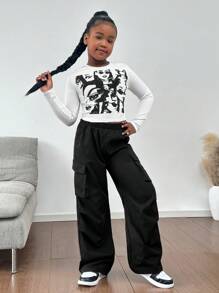 Conjunto de 2 piezas para niñas preadolescentes: Camiseta de manga larga ajustada con estampado de retrato y pantalones de utilidad de unicolor, conjunto de ropa informal para otoño/invierno