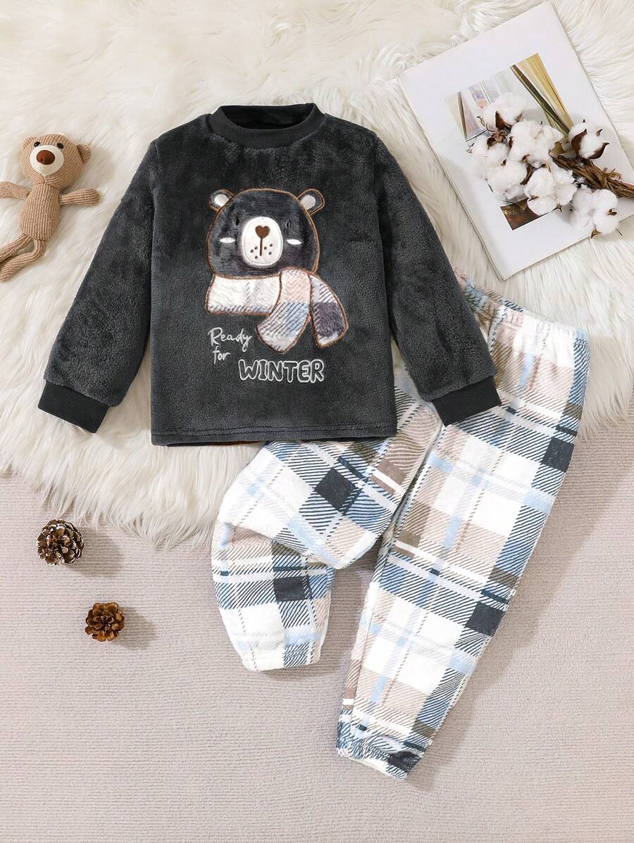 SHEIN Playful Pals Young Boy Cute Bear Graphic Long Sleeve Long Pants Plush Pajama Set, Comfortable And Warm, Grey - Grey - View 1