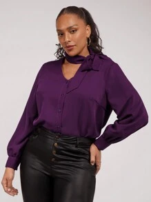 SHEIN Clasi Plus Size Dark Purple Ruffle Collar Blouse, Office Lady Autumn - Purple - View 1