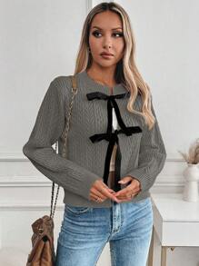 SHEIN Unity 1 件女士时尚休闲系带前开衫，适合日常休闲穿着 - 深灰色 - 查看 4