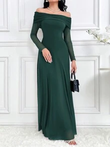 Modelyn Vestido largo de noche elegante con mangas largas, hombros descubiertos y empalme de malla de unicolor para mujer - Verde Oscuro - Ver 3
