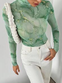 SHEIN Essnce 女士立领长袖花卉印花休闲紧身衣，合身 - 綠色 - 查看 5