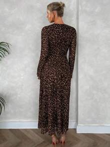 Firerie Women's Elegant Sexy Resort Casual Minimalist Party Leopard Print Mesh Flare Sleeve A-Line Long Dress, Suitable For Summer & Autumn