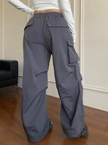 Flirla 大码女式休闲街头装美式开叉设计直腿工装裤，适合返校和日常穿着 - 灰色 - 查看 2