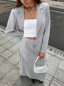 Chiquease 宽松碎花雪纺面料长袖连衣裙和裙子套装，休闲优雅 - 灰色 - 查看 1