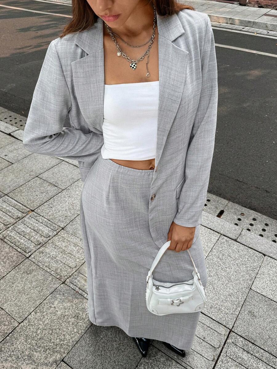 Chiquease 宽松碎花雪纺面料长袖连衣裙和裙子套装，休闲优雅 - 灰色 - 查看 1