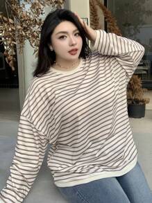 Dazy Plus 加大码条纹图案宽松圆领长袖运动衫，秋季服装 - 米色 - 查看 3
