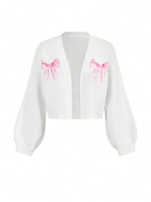 Marina Oliveira Artist Y2K Style Women Pink Bow Pattern Cardigan, Suitable For Holiday, Vacation, Spring, Festival, Ibiza Fits - White - View 3