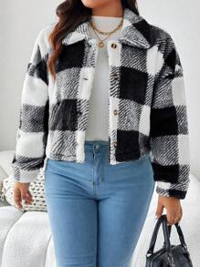 SHEIN LUNE 大码格子羊毛夹克冬季女装度假装 - 黑與白 - 查看 5