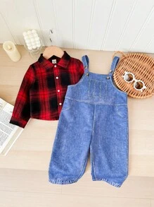 SHEIN Baby Boy 2pcs/Set Casual Daily Raglan Red Plaid Shirt & Denim Effect Suspender Pants Two-Piece Set, Suitable For Autumn/Winter Wear, Indoor And Outdoor
