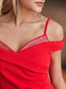 MOTF PREMIUM SPAGHETTI STRAP RHINESTONE EMBELLISHED RED WOMEN'S TOP - Red - View 3