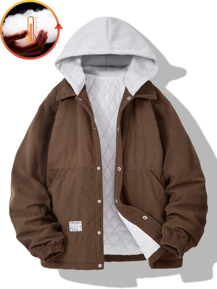 SHEIN Teen Boys Casual Chic Minimalist Fleece Mock Layer Hooded Street Style Jacket, Suitable For Daily Wear