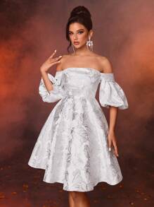 SHEIN Belle Thanh lịch và lộng lẫy bằng vải satin jacquard bạc một bên vai dài tay viền chữ A phù hợp cho tiệc độc thân buổi tối, tiệc vũ hội, váy bán trang trọng, cho sinh nhật, khách dự tiệc cưới, tiệc tốt nghiệp - Bạc - Xem 1