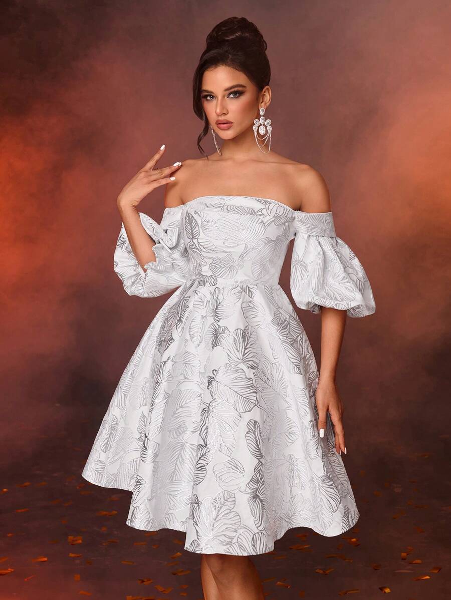 SHEIN Belle Thanh lịch và lộng lẫy bằng vải satin jacquard bạc một bên vai dài tay viền chữ A phù hợp cho tiệc độc thân buổi tối, tiệc vũ hội, váy bán trang trọng, cho sinh nhật, khách dự tiệc cưới, tiệc tốt nghiệp - Bạc - Xem 1