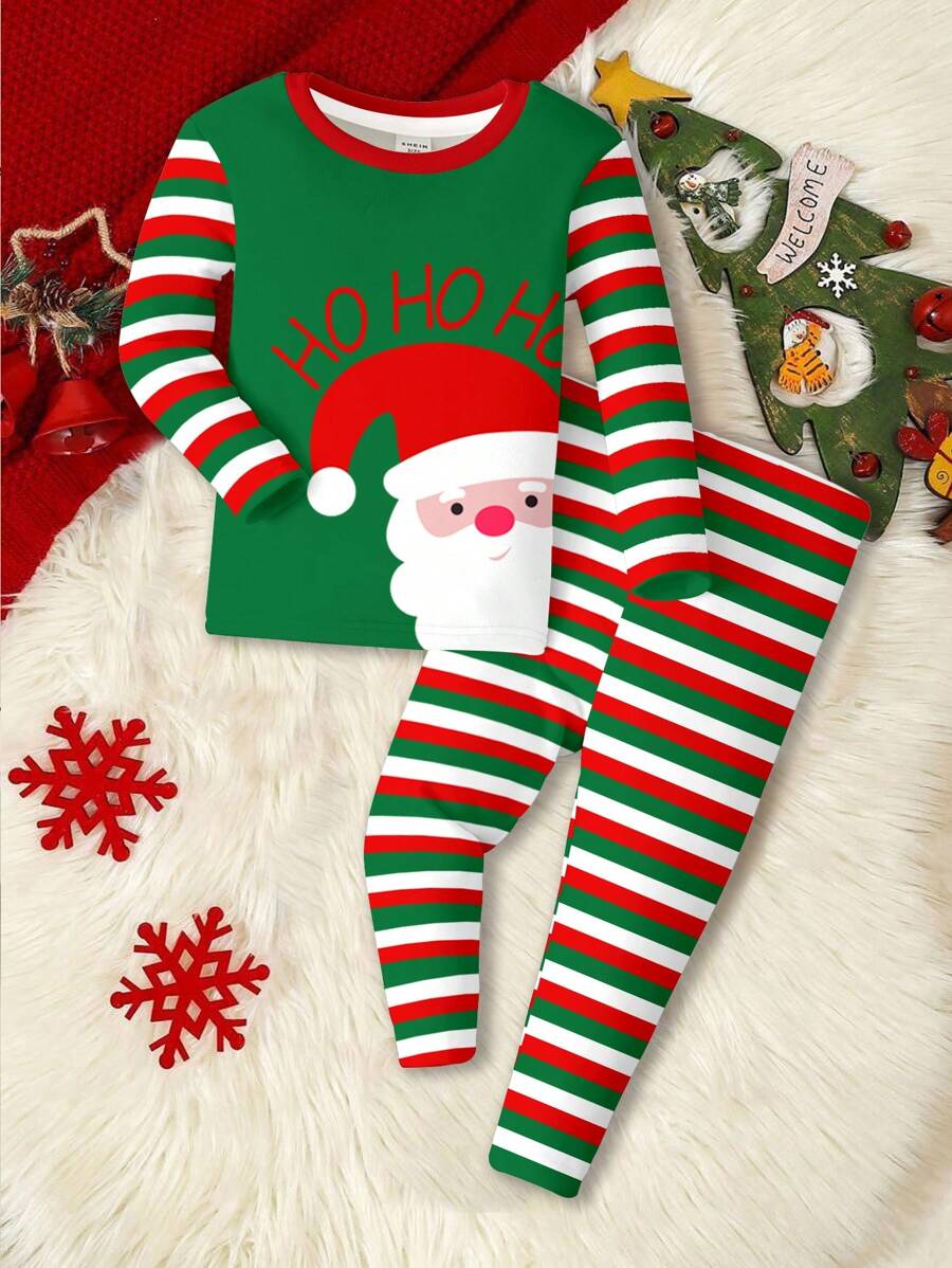 SHEIN 年轻男孩休闲简约紧身舒适圣诞圣诞老人 OH!OH!OH! 经典红绿白条纹印花长袖圆领上衣和裤子睡衣套装，适合秋冬季的衣服 - 彩色 - 查看 1