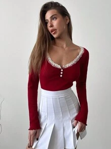 Aloruh Red Christmas Deep V-Neck Lace Patchwork Bodycon Ribbed Long Sleeve T-Shirt For Women - Red - View 5