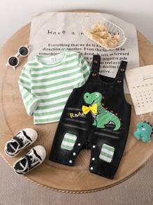 SHEIN 2 件套婴儿/幼儿套装，条纹长袖 T 恤和可爱恐龙背带裤，适合居家和露营，秋季 - 彩色 - 查看 8