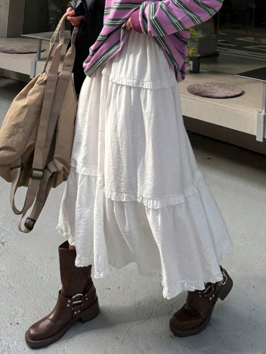 DAZY Women's Plain Patchwork Frill Hem Loose A-Line Skirt, White, All Season Fall Skirts - White - View 1