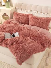 3 件纯色床上用品毛绒蓬松羽绒被套套装蓬松羽绒被套带枕套（1 件蓬松羽绒被套+2 件枕套）床上用品套装适用于卧室客房特大号双人床尺寸圣诞礼物 - 珊瑚粉 - 查看 4